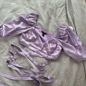 Purple satin puff sleeve tie top